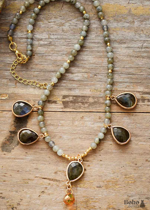 Boho Necklace, Labradorite, Rhinestone